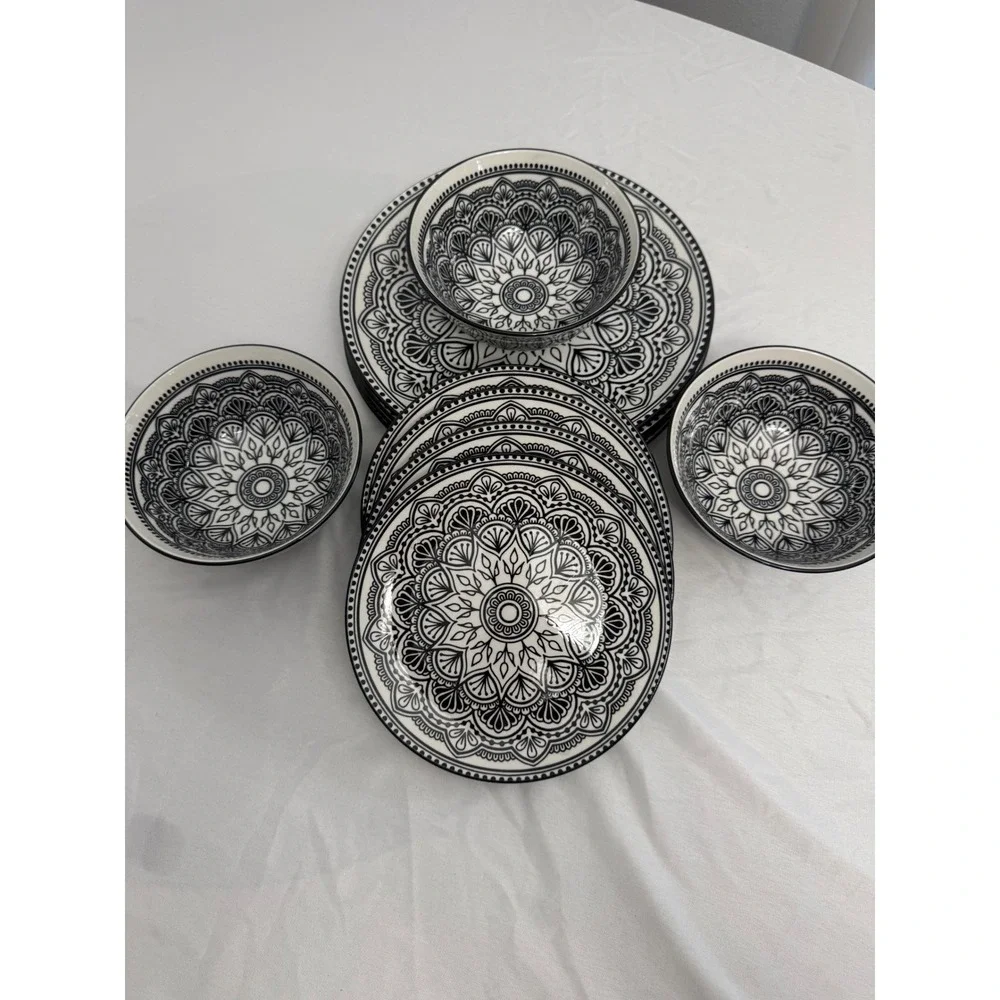 Royal Norfolk Black White Mandala Dinnerware Set Plates Bowls 11 Piece Ceramic